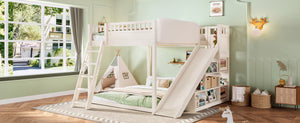 English Elm Queen Loft Bed with Upholstered Headboard Built-in Slide and Open Storage Shelves Beige W1580S00640