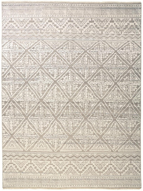 HomeRoots 4' Gray and Ivory Geometric Hand-Knotted Area Rug - Modern Artisan Craftsmanship for Any Room 10' X 13' 512584