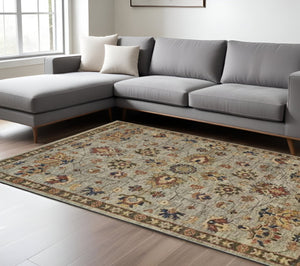 HomeRoots 4' Timeless Gray and Ivory Wool Floral Hand-Knotted Area Rug with Fringed Elegance for Any Space 9' x 12' 512591