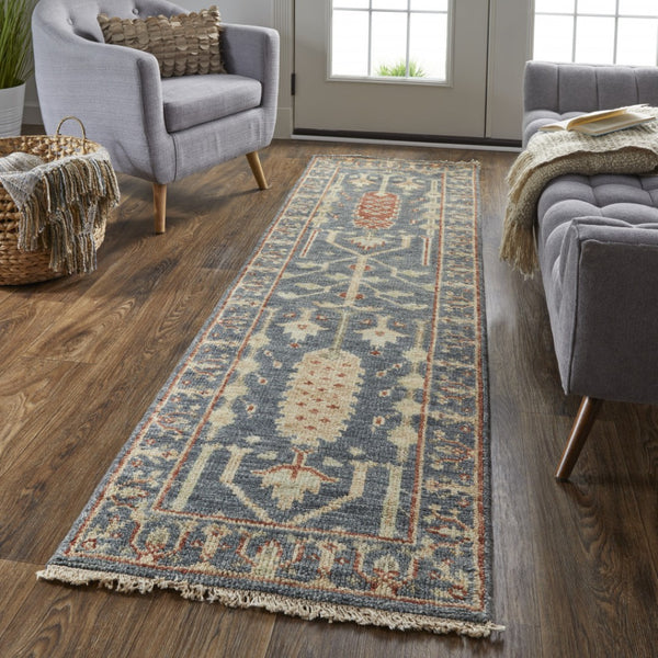 HomeRoots 4' Timeless Gray and Ivory Wool Floral Hand-Knotted Area Rug with Fringed Elegance for Any Space 8' Runner 512593