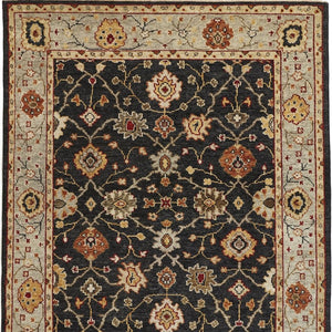 HomeRoots 4' Hand-Knotted Black and Gold Wool Oriental Area Rug with Fringed Edges for Timeless Elegance 4' x 6' 512596