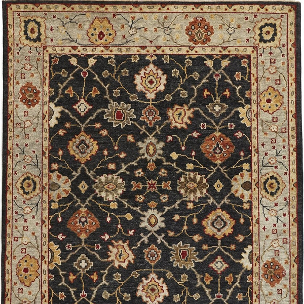 HomeRoots 4' Hand-Knotted Black and Gold Wool Oriental Area Rug with Fringed Edges for Timeless Elegance 4' x 6' 512596