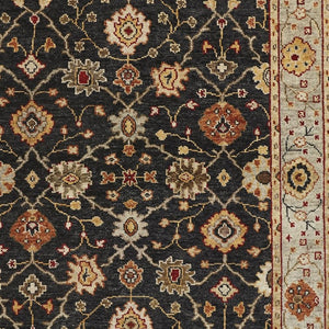 HomeRoots 4' Hand-Knotted Black and Gold Wool Oriental Area Rug with Fringed Edges for Timeless Elegance 4' x 6' 512596