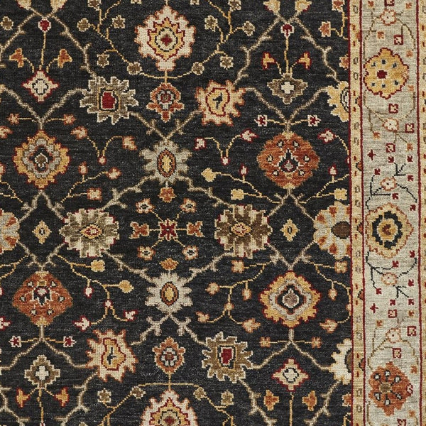 HomeRoots 4' Hand-Knotted Black and Gold Wool Oriental Area Rug with Fringed Edges for Timeless Elegance 4' x 6' 512596