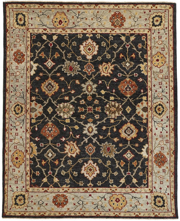 HomeRoots 4' Hand-Knotted Black and Gold Wool Oriental Area Rug with Fringed Edges for Timeless Elegance 5' x 8' 512597
