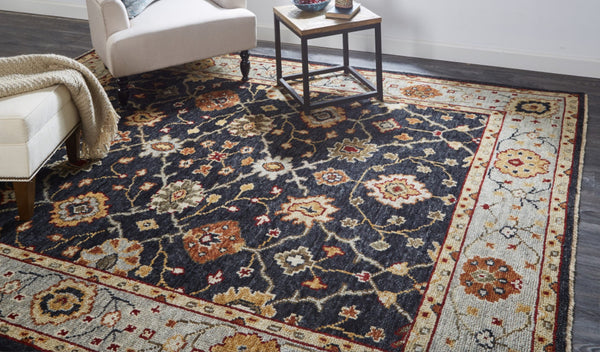 HomeRoots 4' Hand-Knotted Black and Gold Wool Oriental Area Rug with Fringed Edges for Timeless Elegance 5' x 8' 512597