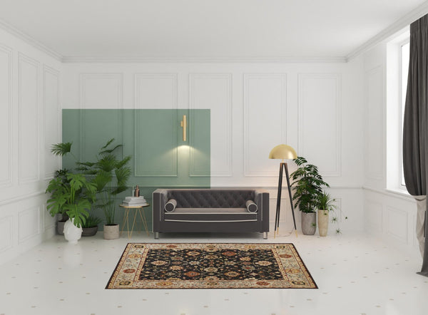 HomeRoots 4' Hand-Knotted Black and Gold Wool Oriental Area Rug with Fringed Edges for Timeless Elegance 5' x 8' 512597