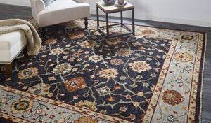 HomeRoots 4' Hand-Knotted Black and Gold Wool Oriental Area Rug with Fringed Edges for Timeless Elegance 8' X 10' 512598