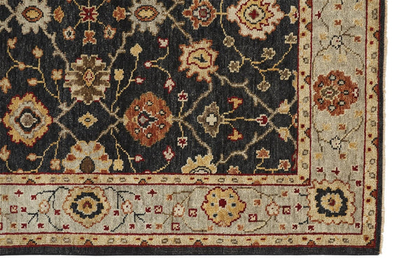 HomeRoots 4' Hand-Knotted Black and Gold Wool Oriental Area Rug with Fringed Edges for Timeless Elegance 8' X 10' 512598