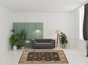 HomeRoots 4' Hand-Knotted Black and Gold Wool Oriental Area Rug with Fringed Edges for Timeless Elegance 8' X 10' 512598