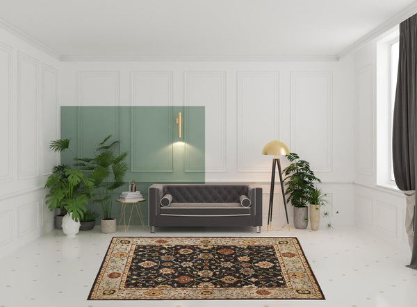 HomeRoots 4' Hand-Knotted Black and Gold Wool Oriental Area Rug with Fringed Edges for Timeless Elegance 8' X 10' 512598