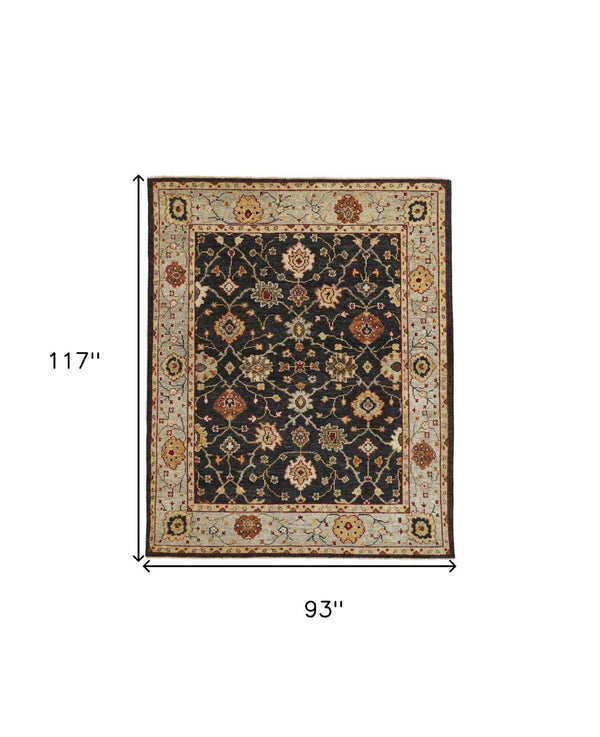 HomeRoots 4' Hand-Knotted Black and Gold Wool Oriental Area Rug with Fringed Edges for Timeless Elegance 8' X 10' 512598