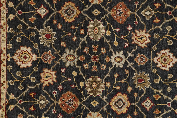 HomeRoots 4' Hand-Knotted Black and Gold Wool Oriental Area Rug with Fringed Edges for Timeless Elegance 9' X 12' 512599
