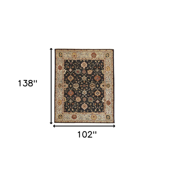 HomeRoots 4' Hand-Knotted Black and Gold Wool Oriental Area Rug with Fringed Edges for Timeless Elegance 9' X 12' 512599