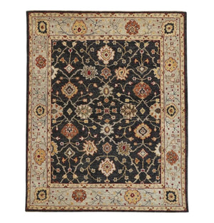 HomeRoots 4' Hand-Knotted Black and Gold Wool Oriental Area Rug with Fringed Edges for Timeless Elegance 9' X 12' 512599