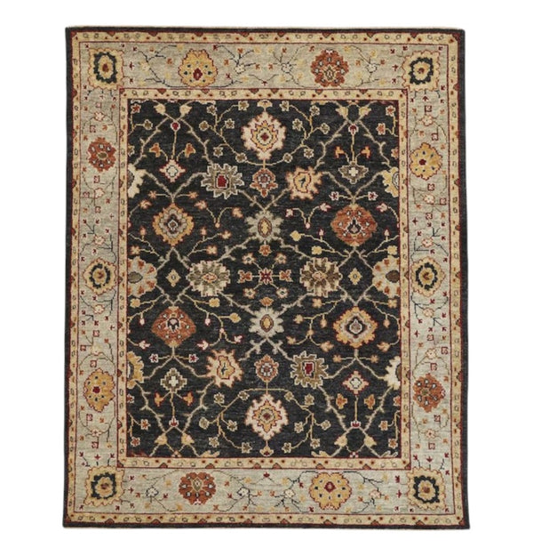 HomeRoots 4' Hand-Knotted Black and Gold Wool Oriental Area Rug with Fringed Edges for Timeless Elegance 9' X 12' 512599