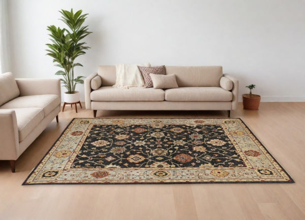 HomeRoots 4' Hand-Knotted Black and Gold Wool Oriental Area Rug with Fringed Edges for Timeless Elegance 9' X 12' 512599