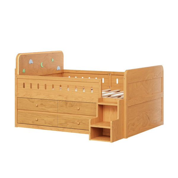 English Elm Wooden Full Bed Frame with Led Headboard Four Storage Drawers and Ladder Shelf Wood N7090004028D