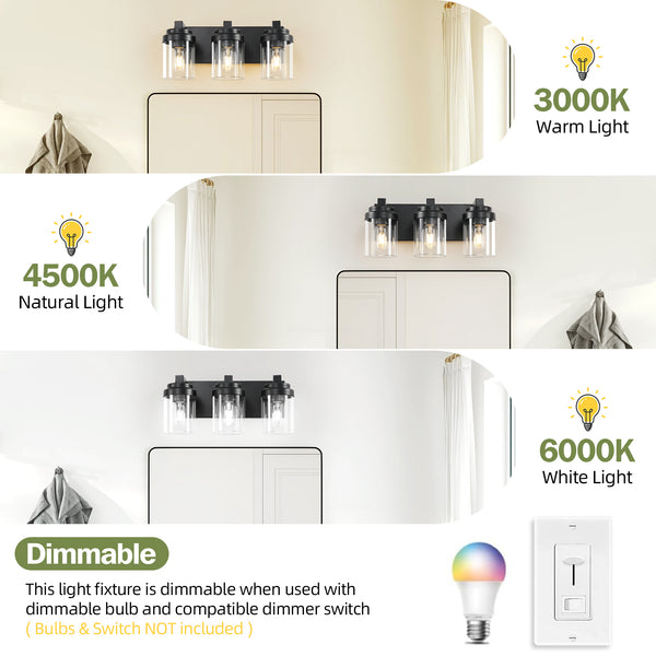 English Elm 3 Light Matte Black Vanity Light with Clear Glass Shades, Farmhouse Waterproof LED Fixture for Bathroom Hallway Vanity Mirror W2312P389977