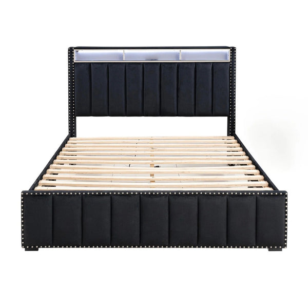English Elm Contemporary Full Bedroom Set Channel Tufted Upholstered Bed with Led and Nightstands Black B2741S00774
