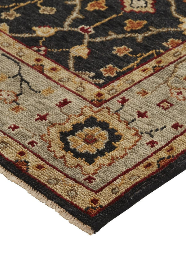 HomeRoots 4' Hand-Knotted Black and Gold Wool Oriental Area Rug with Fringed Edges for Timeless Elegance 10' X 13' 512600