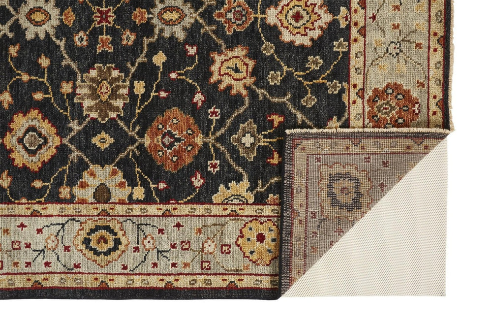 HomeRoots 4' Hand-Knotted Black and Gold Wool Oriental Area Rug with Fringed Edges for Timeless Elegance 10' X 13' 512600