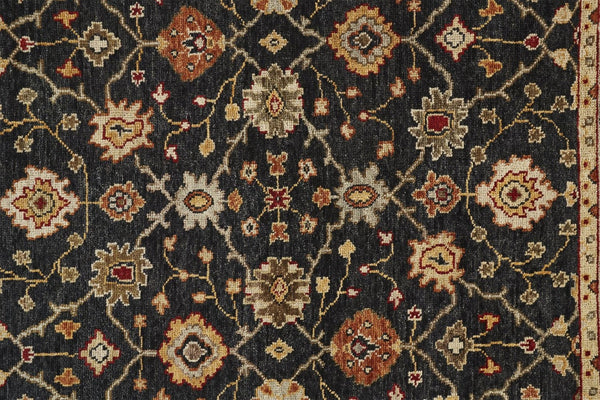 HomeRoots 4' Hand-Knotted Black and Gold Wool Oriental Area Rug with Fringed Edges for Timeless Elegance 10' X 13' 512600