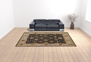 HomeRoots 4' Hand-Knotted Black and Gold Wool Oriental Area Rug with Fringed Edges for Timeless Elegance 10' X 13' 512600