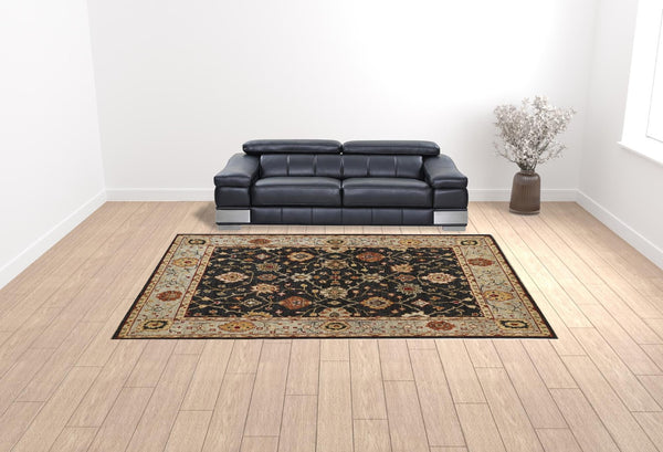 HomeRoots 4' Hand-Knotted Black and Gold Wool Oriental Area Rug with Fringed Edges for Timeless Elegance 10' X 13' 512600