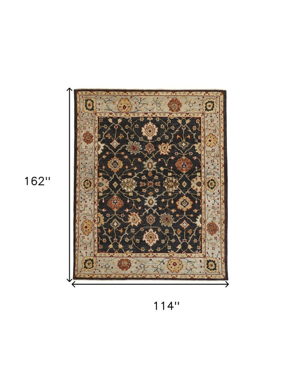 HomeRoots 4' Hand-Knotted Black and Gold Wool Oriental Area Rug with Fringed Edges for Timeless Elegance 10' X 13' 512600