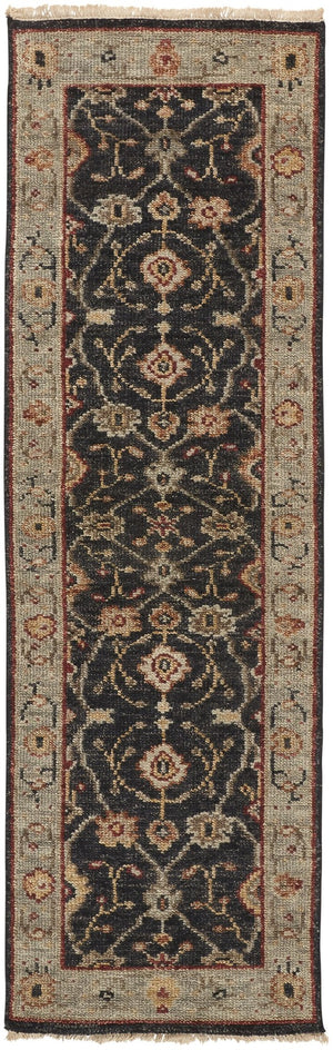 HomeRoots 4' Hand-Knotted Black and Gold Wool Oriental Area Rug with Fringed Edges for Timeless Elegance 8' Runner 512601