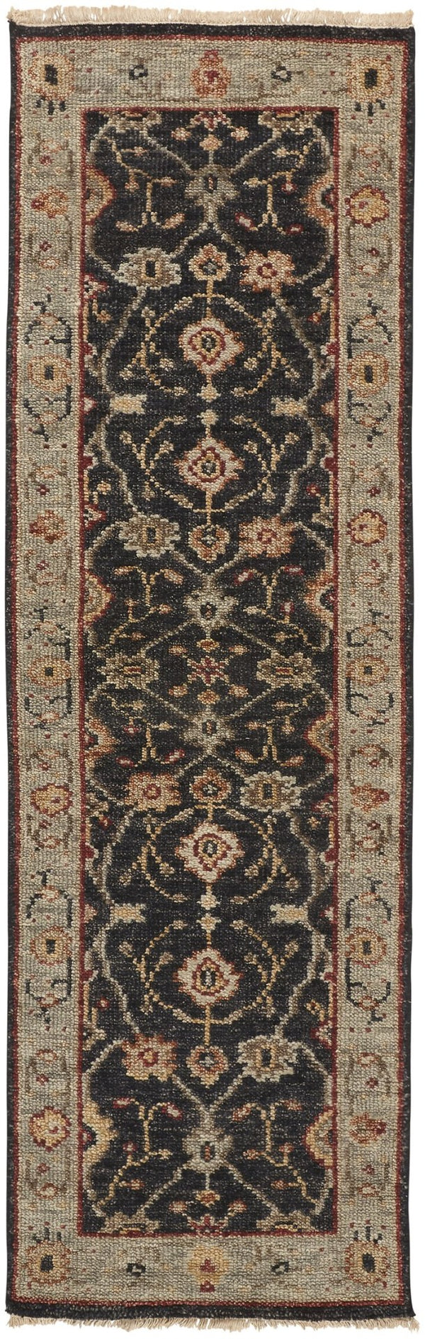 HomeRoots 4' Hand-Knotted Black and Gold Wool Oriental Area Rug with Fringed Edges for Timeless Elegance 8' Runner 512601