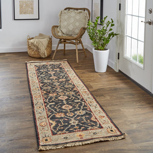HomeRoots 4' Hand-Knotted Black and Gold Wool Oriental Area Rug with Fringed Edges for Timeless Elegance 8' Runner 512601