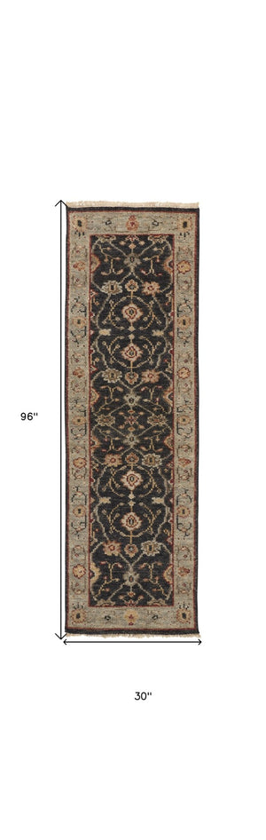 HomeRoots 4' Hand-Knotted Black and Gold Wool Oriental Area Rug with Fringed Edges for Timeless Elegance 8' Runner 512601