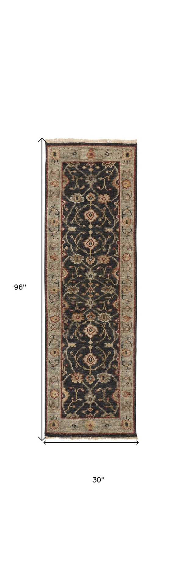 HomeRoots 4' Hand-Knotted Black and Gold Wool Oriental Area Rug with Fringed Edges for Timeless Elegance 8' Runner 512601