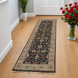 HomeRoots 4' Hand-Knotted Black and Gold Wool Oriental Area Rug with Fringed Edges for Timeless Elegance 8' Runner 512601