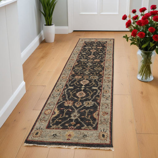 HomeRoots 4' Hand-Knotted Black and Gold Wool Oriental Area Rug with Fringed Edges for Timeless Elegance 8' Runner 512601