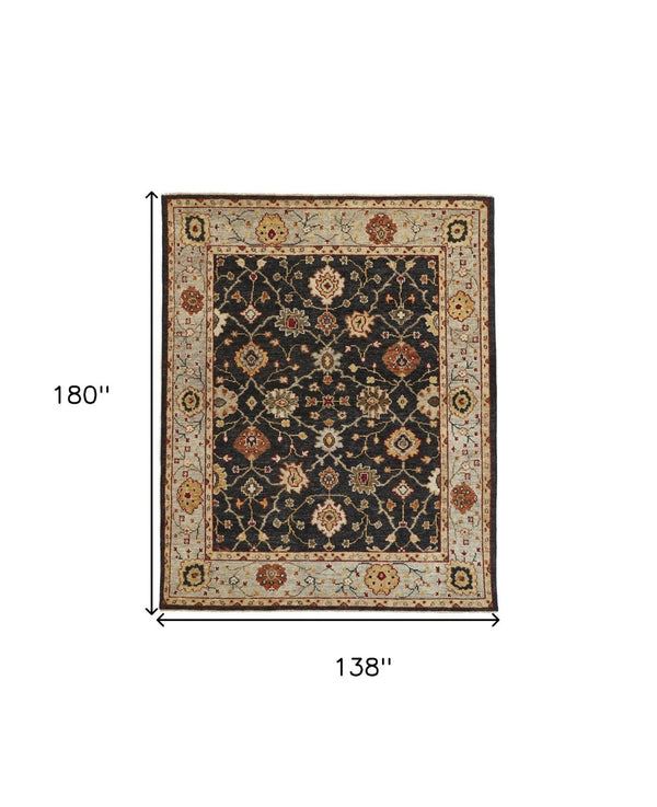 HomeRoots 4' Hand-Knotted Black and Gold Wool Oriental Area Rug with Fringed Edges for Timeless Elegance 12' X 15' 512602