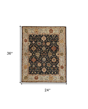 HomeRoots 4' Hand-Knotted Black and Gold Wool Oriental Area Rug with Fringed Edges for Timeless Elegance 2' X 3' 512603