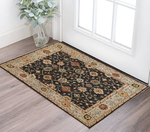 HomeRoots 4' Hand-Knotted Black and Gold Wool Oriental Area Rug with Fringed Edges for Timeless Elegance 2' X 3' 512603