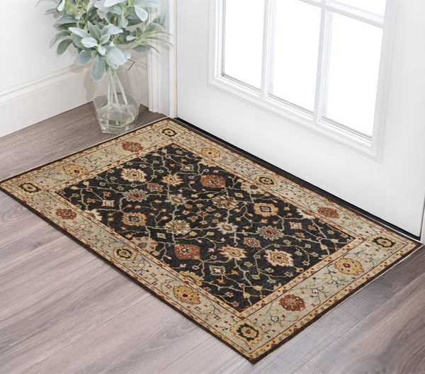 HomeRoots 4' Hand-Knotted Black and Gold Wool Oriental Area Rug with Fringed Edges for Timeless Elegance 2' X 3' 512603