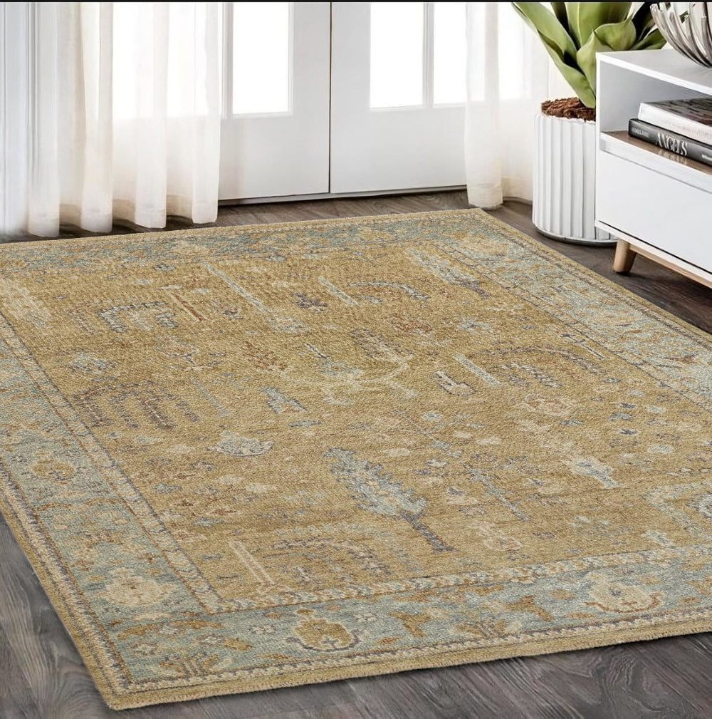 HomeRoots 4' Hand Knotted Wool Area Rug in Blue-Gray and Brown Floral Design with Timeless Fringe Tassels 5' X 8' 512605