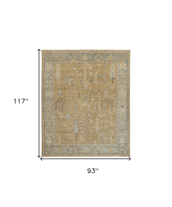 HomeRoots 4' Hand Knotted Wool Area Rug in Blue-Gray and Brown Floral Design with Timeless Fringe Tassels 8' x 10' 512606