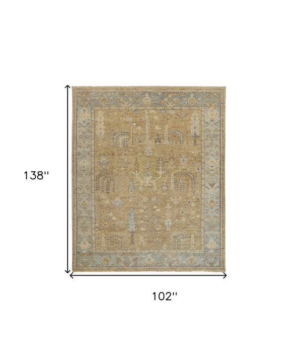 HomeRoots 4' Hand Knotted Wool Area Rug in Blue-Gray and Brown Floral Design with Timeless Fringe Tassels 9' X 12' 512607
