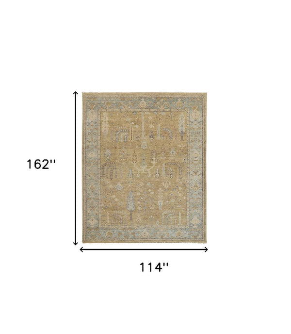 HomeRoots 4' Hand Knotted Wool Area Rug in Blue-Gray and Brown Floral Design with Timeless Fringe Tassels 10' x 13' 512608