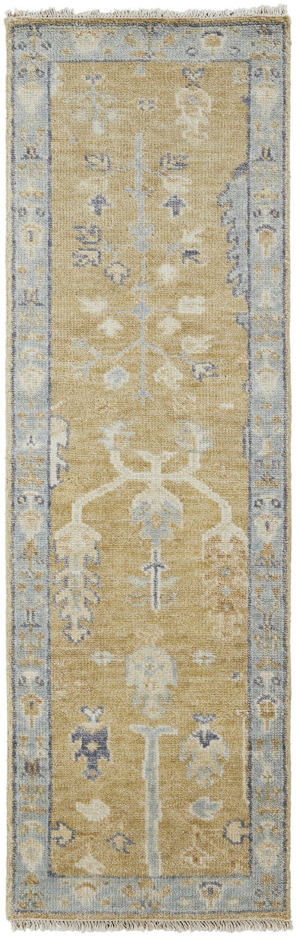 HomeRoots 4' Hand Knotted Wool Area Rug in Blue-Gray and Brown Floral Design with Timeless Fringe Tassels 8' Runner 512609