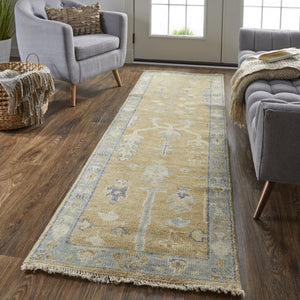 HomeRoots 4' Hand Knotted Wool Area Rug in Blue-Gray and Brown Floral Design with Timeless Fringe Tassels 8' Runner 512609