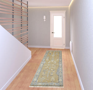 HomeRoots 4' Hand Knotted Wool Area Rug in Blue-Gray and Brown Floral Design with Timeless Fringe Tassels 8' Runner 512609