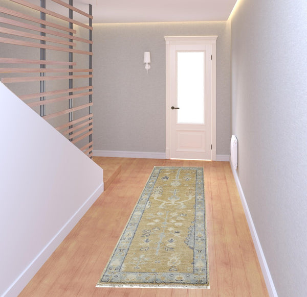 HomeRoots 4' Hand Knotted Wool Area Rug in Blue-Gray and Brown Floral Design with Timeless Fringe Tassels 8' Runner 512609