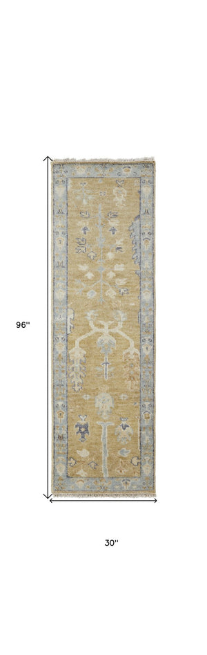 HomeRoots 4' Hand Knotted Wool Area Rug in Blue-Gray and Brown Floral Design with Timeless Fringe Tassels 8' Runner 512609